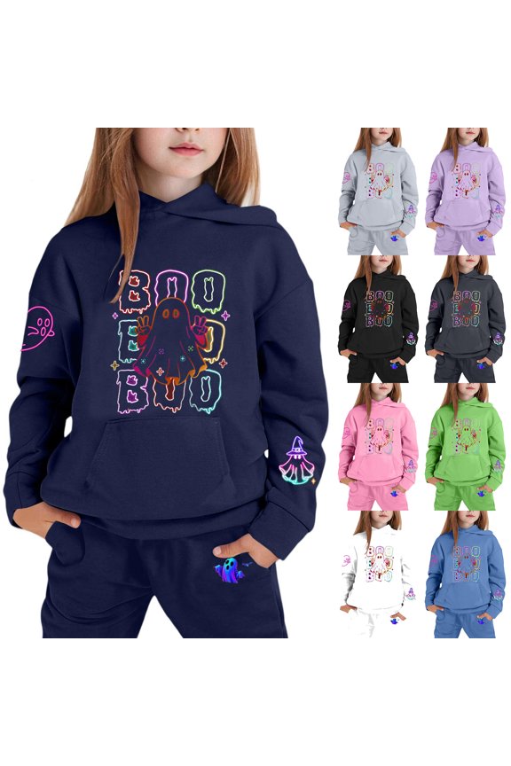 Kids Sweatsuits Halloween Rainbow Neon Ghost Bow Stretch Hooded Suit School Parade Door To Door Trick Or Treat Pumpkin Photo Kid Pant Outfit