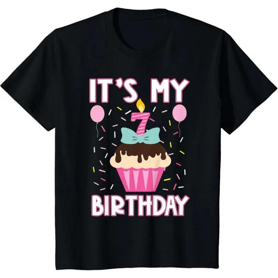 Kids Sweet Cupcake It's My 7th Seventh Birthday 7 Yr Old Girls T-Shirt