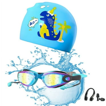 Kids Swim Goggles and Swim Cap Set Age 3-12, Anti-Fog, UV Protection, Silicone Swim Hat & Leak-Proof Goggles for Boys & Girls, Blue