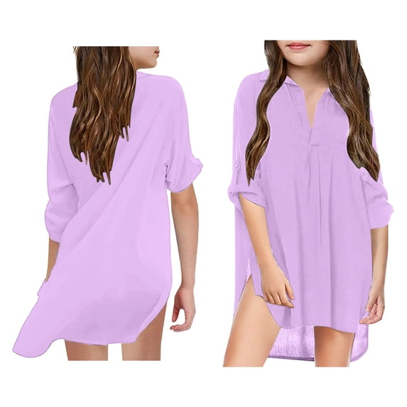 Kids Swim Cover Up Girl V Neck Chiffon Shirt Quick Dry Swim Dress Girls Pool Cover Ups 6-7 Years