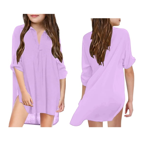 Kids Swim Cover Up V Neck Chiffon Shirt Quick Dry Swim Dress Girls Swimsuit Coverups 6-7 Years