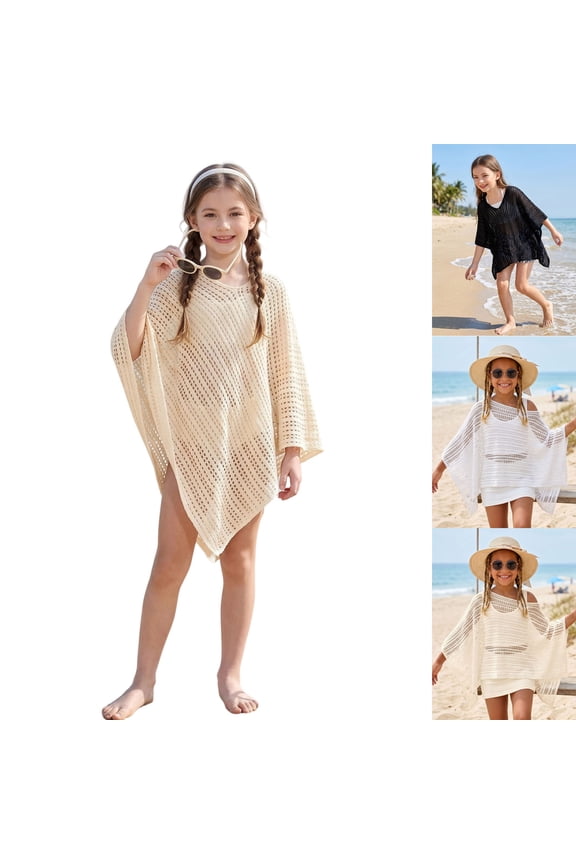Kids Swim Coverup Girls Sheer Knit Poncho Crochet Tops Quick Dry Summer Dress Girls Pool Cover Ups 9-10 Years