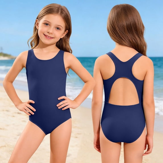 Kids Swim Dress Dark Blue Girls Swimsuit 1 Piece Sleeveless Rash Guard Vacation Beach Essentials 3-4 Years