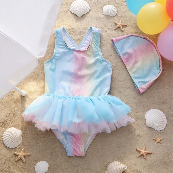 Kids Swim Dress Sky Blue 1 Piece Swimsuit Sleeveless Rash Guard Dance Cute Swimwear 5-6 Years