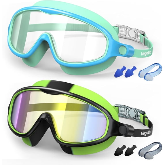 Kids Swim Goggles 2 Pack, Anti-Fog UV Protection Wide View Swimming Goggles for kids 3-15 Youth Boys Girls Toddler