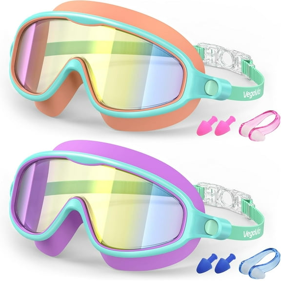 Kids Swim Goggles 2 Pack, Anti-Fog UV Protection Wide View Swimming Goggles for kids 3-15 Youth Boys Girls Toddler