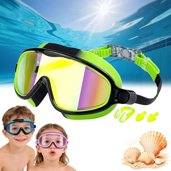 Kids Swim Goggles with Anti-Fog UV Protection - Wide Frame 180° Vision with Nose Clip & Ear Plugs, Fashionable Swimming Goggles for Children Pool Beach Training
