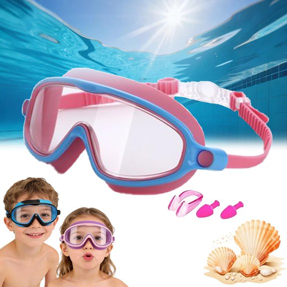 Kids Swim Goggles with Anti-Fog UV Protection - Wide Frame 180° Vision with Nose Clip & Ear Plugs, Fashionable Swimming Goggles for Children Pool Beach Training