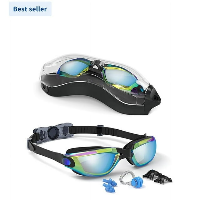 Kids Swim Goggles, Swimming Goggles for Kids with Nose Clip, Earplugs, Nose Bridge for Age 3-15(Blue & Purple)