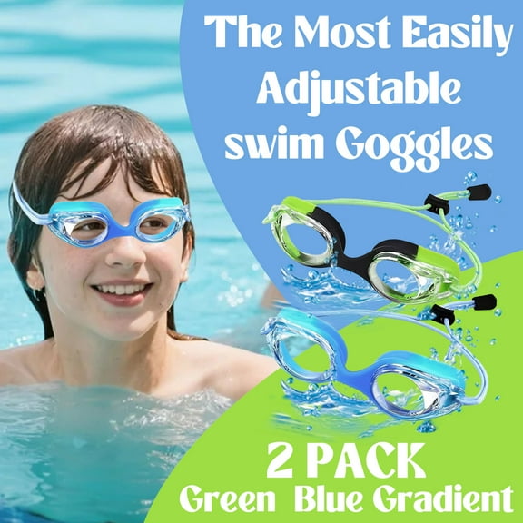 SIISLL Swim Goggles Leak-Resistant Anti-Fog with Bungee Strap Quick Adjust 3-14  Swimming Lessons, Pool Play, Indoor & Outdoor Use Soft Silicone Seal (Blue + Green)