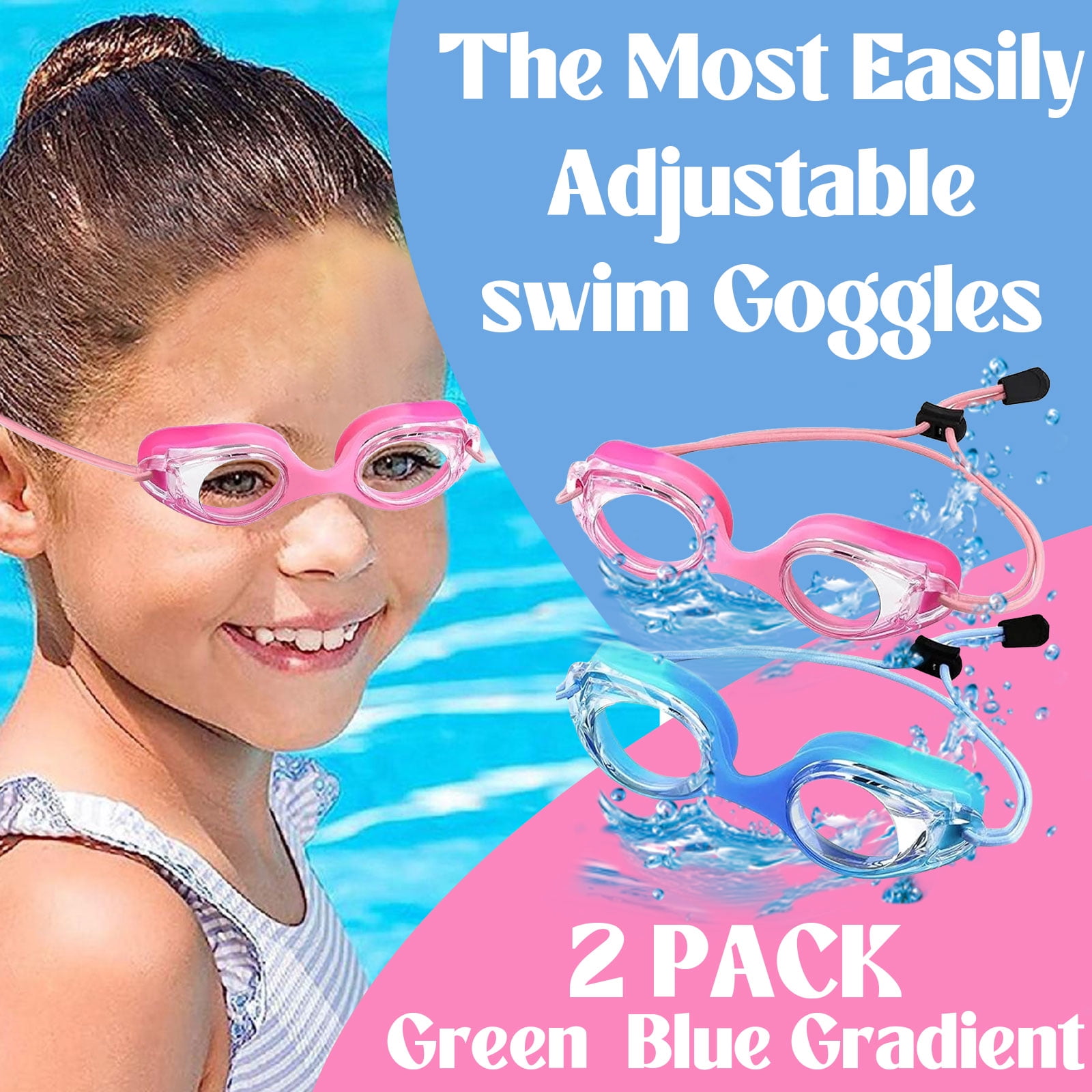 SIISLL Youth Swim Goggles Leak-Resistant Anti-Fog with Bungee Strap Quick Adjust 3-14 Years for Swimming Lessons, Pool Play, Indoor & Outdoor Use Soft Silicone Seal (Blue + Pink)