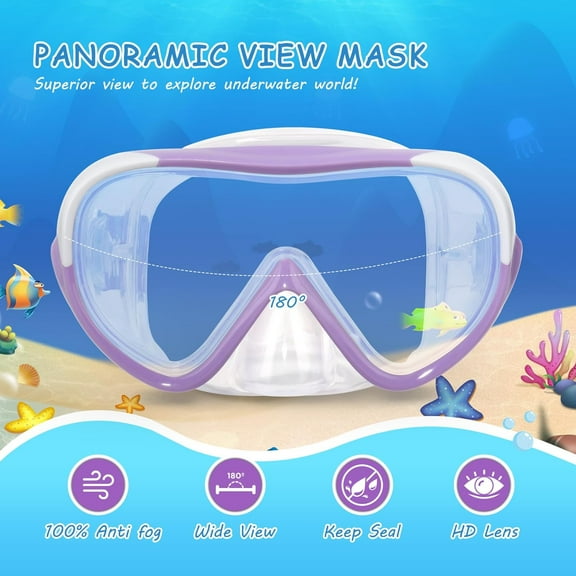 Kids Swim Mask - 180° Anti-Fog Diving Goggles with Leak-Proof Silicone Skirt and Fabric Strap for Ages 4-14