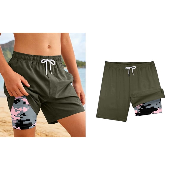 Kids Swim Trunks with Compression Liner Grey Quick Dry Beach Board Shorts Swimming Clothes for Boys 9-10 Years