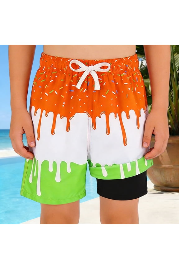 Kids Swim Trunks with Ice Print and Side Pockets Drawstring Elastic Waist Quick Dry Boys Shorts Size 2-3 Years