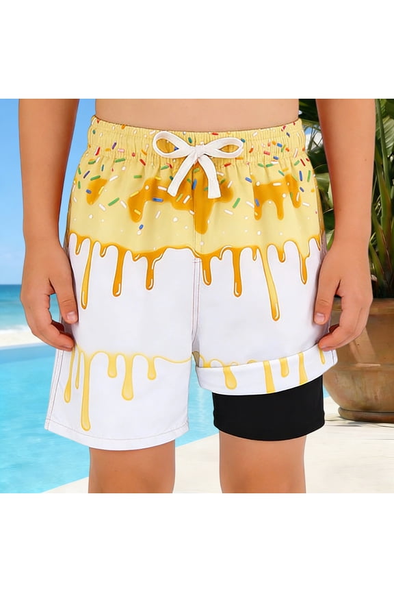 Kids Swim Trunks with Ice Print and Side Pockets Elastic Waist Drawstring Quick Dry Boys Bathing Suit 2-3 Years