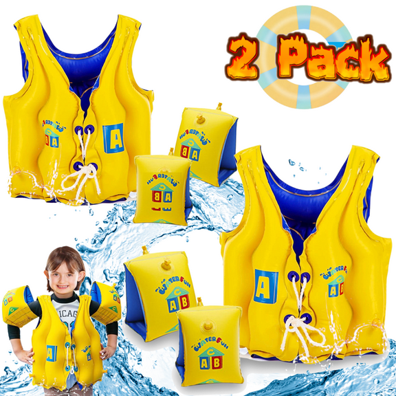 2 Set of Kids Swim Vest,Life Jacket for Kids,Kids Flotation Belt with Shoulder Straps and Arm Loops,Suitable for Children,Inflatable and Portable,Yellow
