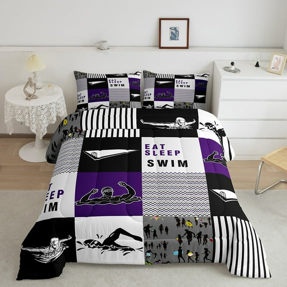 Swimmer Comforter Set King,Water Sports Theme Bedding Teens,Swimming Patchwork Bedding Comforter Sets,Swim Lover Duvet Insert with 2 Pillowcases Bedroom Decor,Purple Black