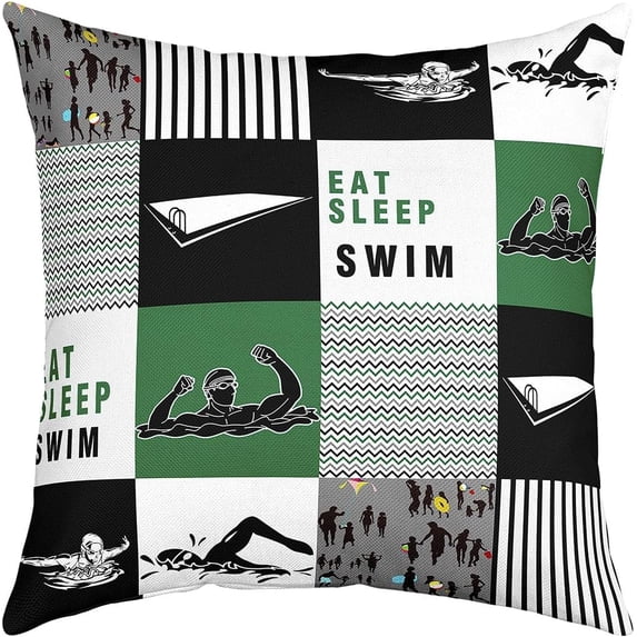 Kids Swimmer Throw Pillow Cover 18x18 inch,Eat Sleep Swim Pillow Cover for Boys Girls Teens,Geometric Pattern Swimming Accent Pillow Case,Swim Lover Square Pillow Case for Bed,Green Black