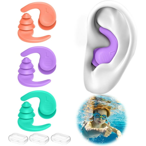 Kids Swimming Ear Plugs,3 Pairs Waterproof Reusable Silicone Child Swim Earplugs for Swimming Surfing Bathing Showering,Small Children Water Ear Plugs Suitable for Boys and Girls (Kids 4-12 Years Old