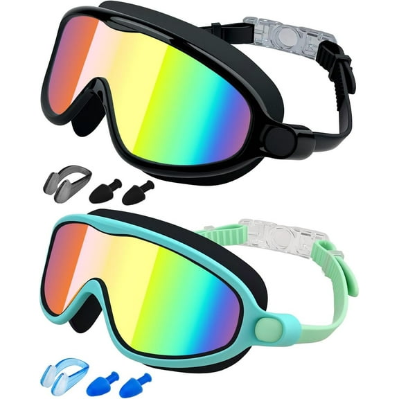 Kids Swimming Goggles 2 Pack, Anti Fog&UV Kids Goggles for Boys Girls, No Leak Wide View Swim Goggles for Child 3-14