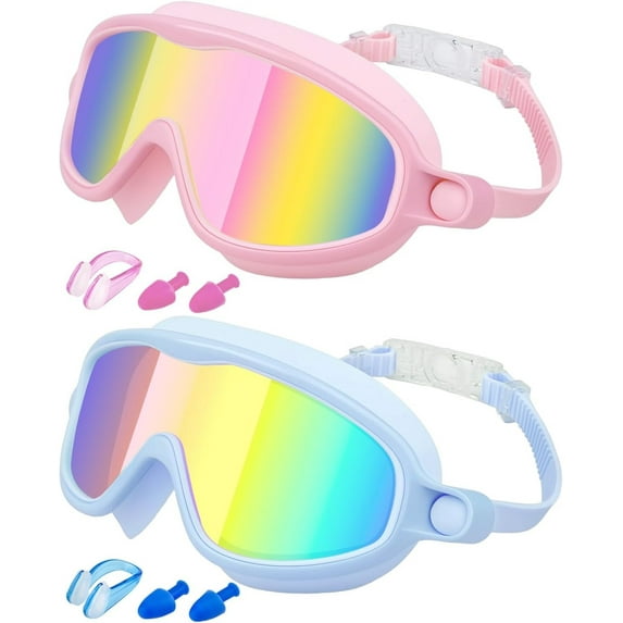 Kids Swimming Goggles 2 Pack, Anti Fog&UV Kids Goggles for Boys Girls, No Leak Wide View Swim Goggles for Child 3-14