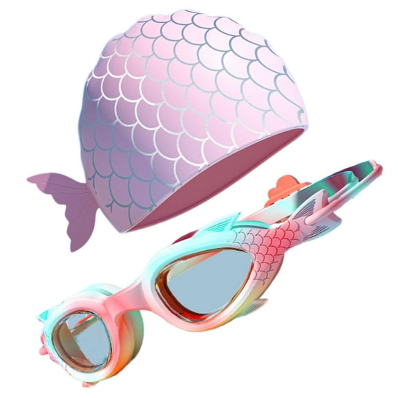 Kids Swimming Goggles Swimming Caps Set for Child, Frog Resistant Swim Goggles