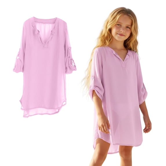 Girls Bathing Suit Cover Up Crew Neck Pink Chiffon Swim Cover Up Chiffon Dress Girls Bathing Suit Size 8-9 Years