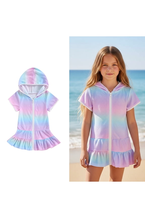Kids Swimsuit Cover Up Girls Zip Up Hooded Tie Dye Terry Cloth Beach Cover Up Towel Dress Bathing Suit Cover Up for Teens 5-6 Years