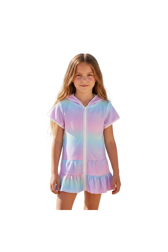 Kids Swimsuit Cover Up Girls Zip Up Hooded Tie Dye Towel Cover Up Towel Dress Kids Swimsuits 5-6 Years