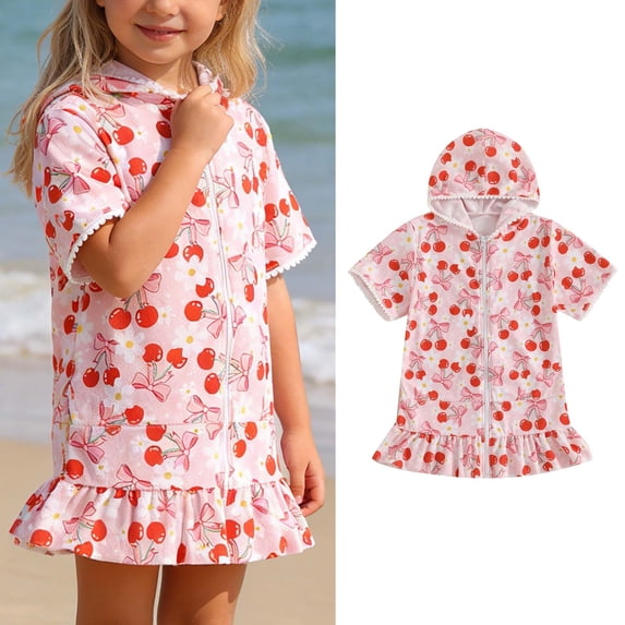 Kids Swimsuit Cover Up Girls Zipper Hooded Cute Print Terry Cloth Swim Cover Up Girls Swim Dresses Girls Size 5-6 Years Bathing Suit
