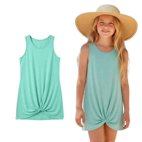 Kids Swimsuit Cover Up Sleeveless Twist Front Girls Beach Dress Clothes for 5-6 Years Old Girls
