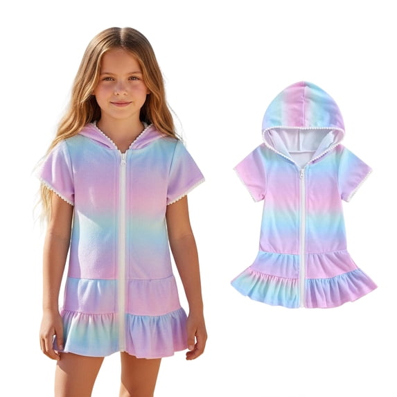 Kids Swimsuit Cover Up Zipper Hooded Tie Dye Terry Cloth Beach Cover Up Towel Dress Bathing Suit Cover Up for Teens 5-6 Years