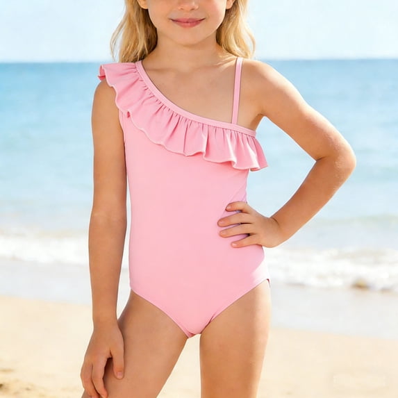 Kids Swimsuit Pink 1 Piece Swimsuit Sleeveless Rash Guard Bathing Parties Beach Bathing Suit 5-6 Years