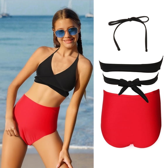 Kids Swimsuits Backless Halter Two Piece Swimwear with Chest Pad Bathing Suits for Kids 7-8 Years