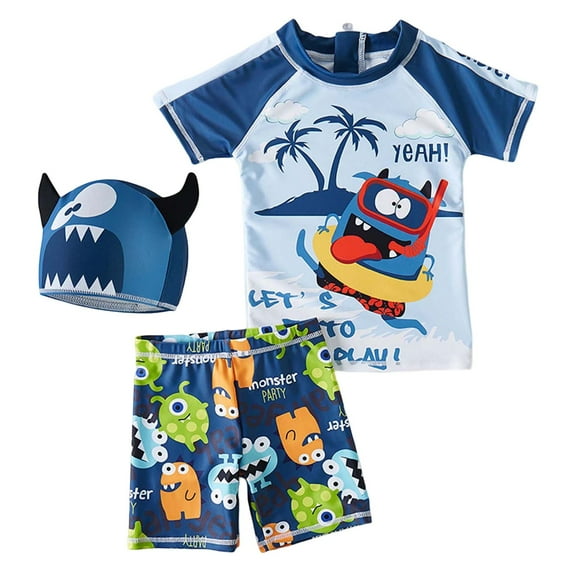 Kids Swimsuits Boys 3 Piece UPF 50 Short Sleeve Cartoon Swim Shirt and Bathing Suit Swimsuit Set for Boys,Dark Blue,5Y