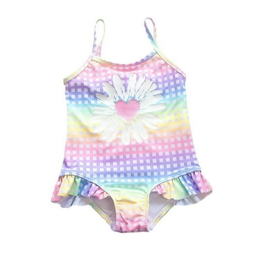 Kids Swimsuits For Girls Peachheart Print Check Ruffled 1 Piece Baby Girl Bathing Suit,Size 4 Years-5 Years
