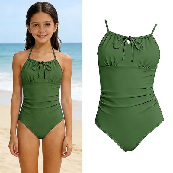 Kids Swimsuits Halter 1-Piece Bathing Suits Quick Dry Swimwear Ruched Girls 1 Piece Swimsuit 9-10 Years