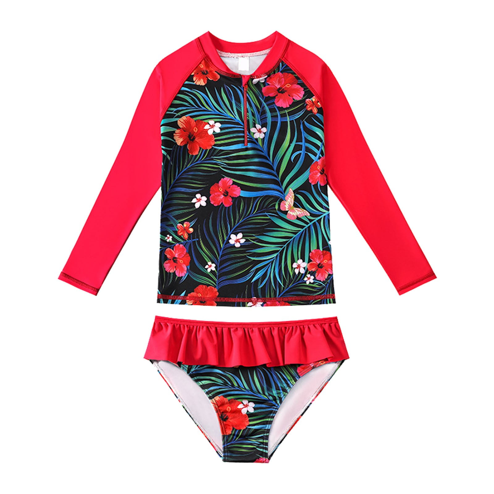 Kids Swimsuits Hawaii Ruffles Long Sleeve Zip Up Rash Guard Two Pieces Bikini Set Summer Long