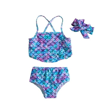 Kids Swimsuits Headscarf Fringe Fish Scale Bikini 3 Piece Swimsuit Baby Girls Toddler Bathing Suit Girl Blue 6 Months-12 Months