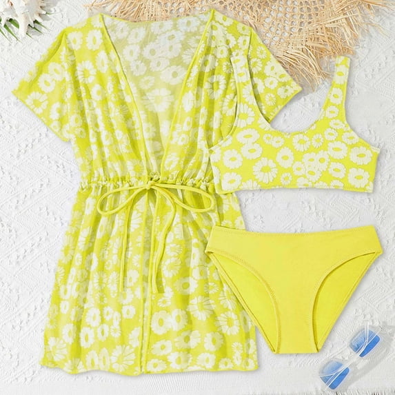 Kids Swimsuits Kids Girl Fashion Flower Print Bikinis with Long Sleeve Breathable Thin Swim Coat Baby Bathing Suit Girl Yellow 12 Years-13 Years