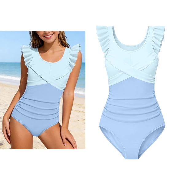 Kids Swimsuits Ruffle 1 Piece Bathing Suit Quick Dry Summer Swimwear Ruched Kids 1 Piece Swimsuit 7-8 Years