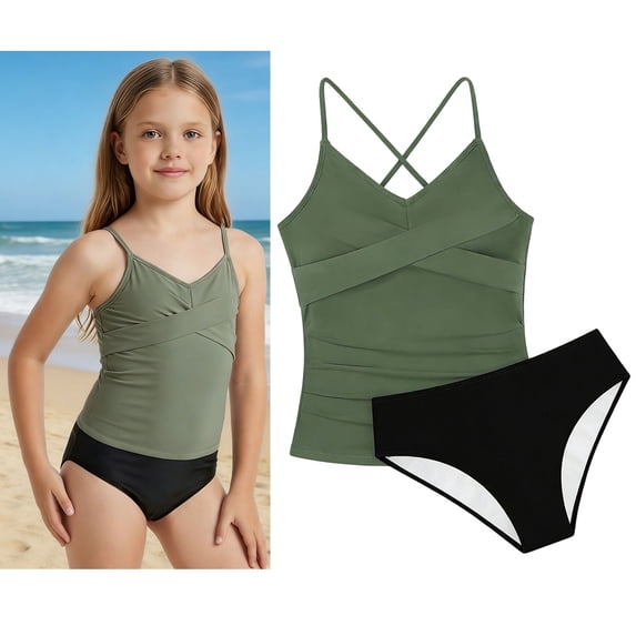 Kids Swimsuits Tankini Two Piece Bathing Suit with Chest Pad Bathing Suits for Kids 8-9 Years