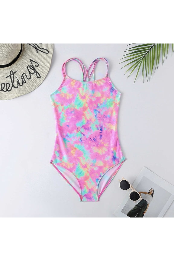 Kids Swimsuits Tie-Dye Swimwear Girls 1 Piece Swimsuit Swimwear Summer Casual Tie Dye Beach Sport Bathing 1Pcs 10Y-11Y A