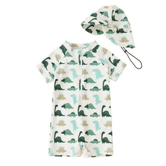 Kids Swimsuits Toddler Baby Boys Whale Dinosaur Print One Piece Swimsuit with Rash Guard Hat Breathable Quick Dry Upf 50 Baby Swimsuit Green 6 Months-12 Months