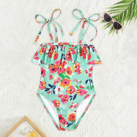 Kids Swimsuits Toddler Girls One Piece Bikini Sleeveless Floral Print Rash Guard Swimsuit with Adjustable Shoulder Strap Girls Tankini Swimsuit Green 12 Months-18 Months