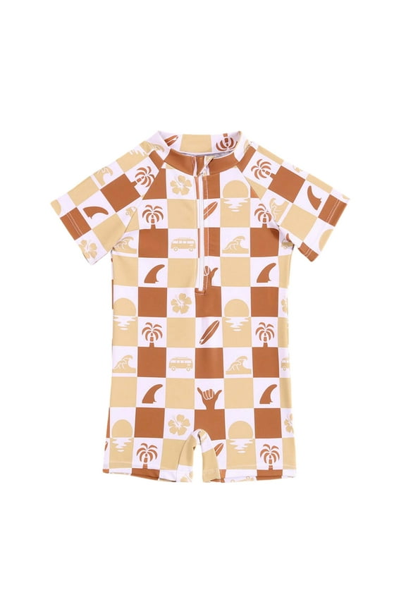 Kids Swimsuits Toddler Kids Boys Cartoon Crab Print Zipper Front One Piece Swimsuit Breathable Quick Dry Baby Swimsuit Beige 3 Months-6 Months