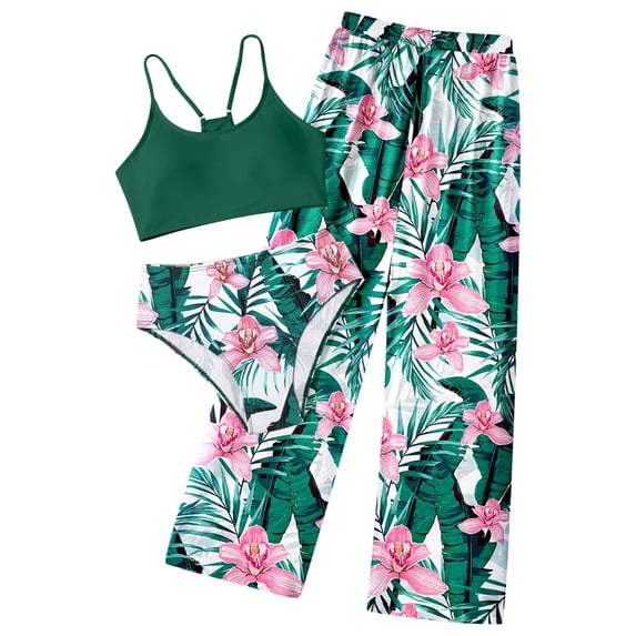 Kids Swimsuits for Girls 10-12 Girls' 3 Piece Set Floral Print Bikini Swimsuit with Drawstring Beach Skirt Cute Ruched Bathing Suit