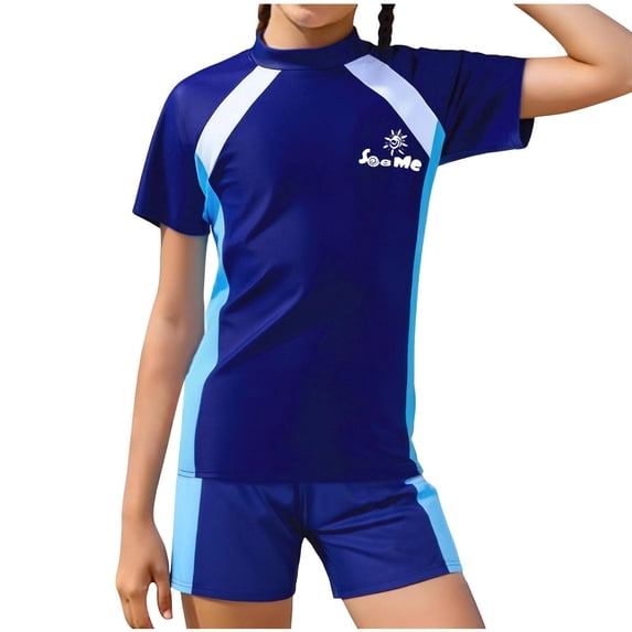 Kids Swimwear Girls Short Sleeve 2 Piece Swimsuit with Boyshorts Summer Vacation Bathing Suit for Girls Size 3-16