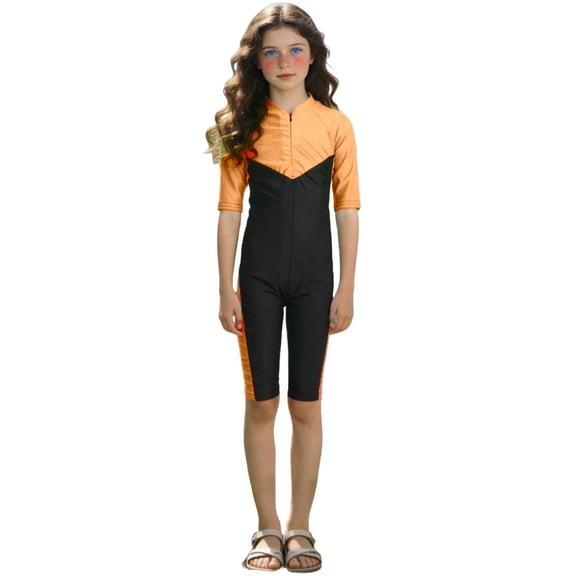 Kids Swimwear Girls Summer Color Block Short Sleeve Tummy Control Bathing Suit One Piece Swimsuits with Zipper Size 4-12