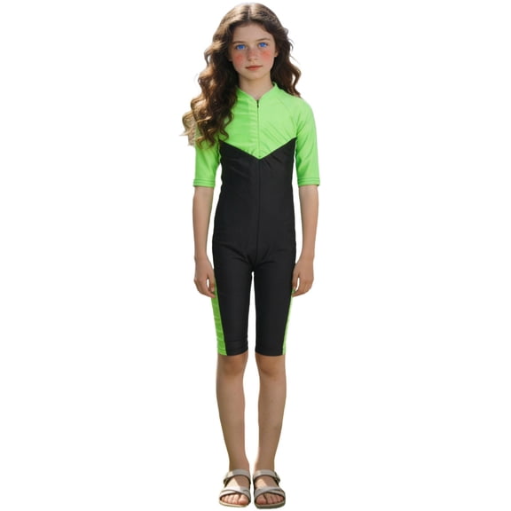 Kids Swimwear Girls Summer Color Block Short Sleeve Tummy Control Bathing Suit One Piece Swimsuits with Zipper Size 4-12